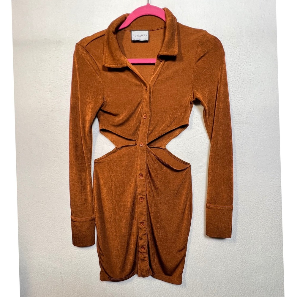 Runaway The Label Rust Copper Metallic Cutout Button Down Mini Dress US 4 Small